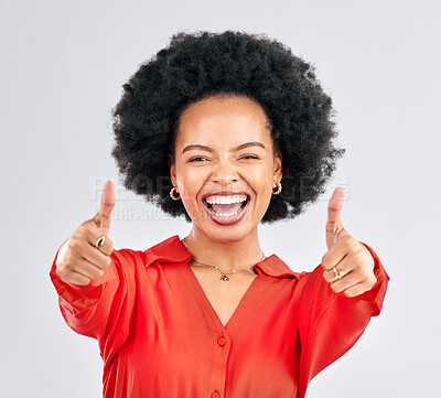 Buy stock photo Thumbs up, happy and portrait of a businesswoman in studio with success, achievement or goal. Happiness, smile and professional African female person with an agreement hand gesture by gray background