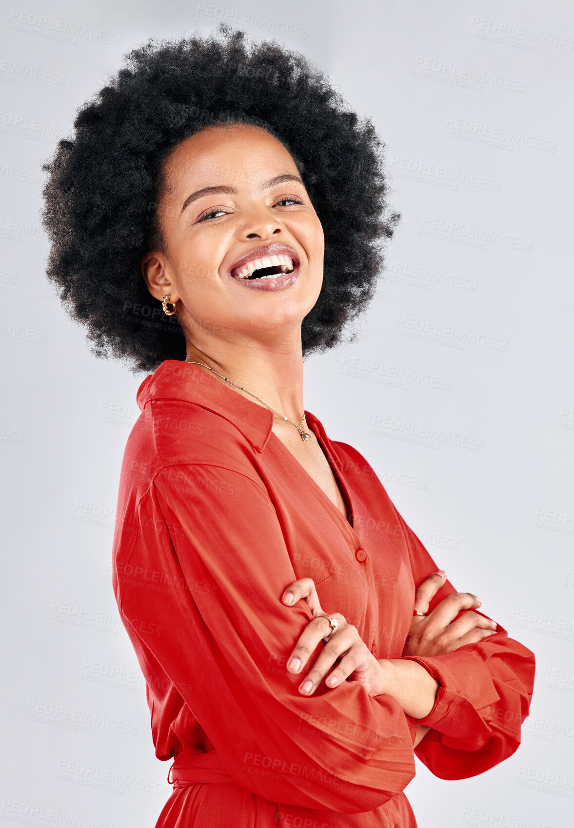 Buy stock photo Portrait, fashion and arms crossed with an afro black woman in studio on a white background for trendy style. Smile, confident and red with a happy young female model posing in a clothes outfit