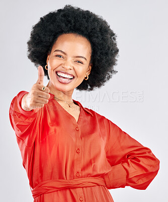 Buy stock photo Thumbs up, smile and portrait of a businesswoman in studio with success, achievement or goal. Happiness, smile and professional African female person with an approval hand gesture by gray background.