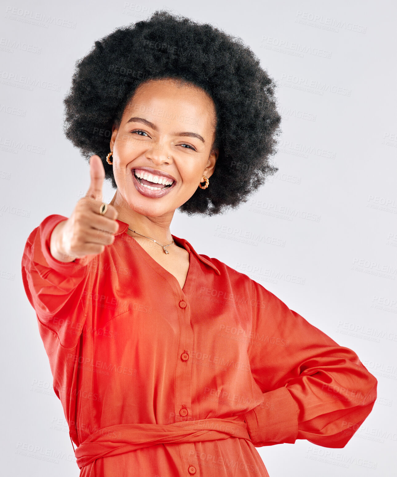 Buy stock photo Thumbs up, smile and portrait of a businesswoman in studio with success, achievement or goal. Happiness, smile and professional African female person with an approval hand gesture by gray background.