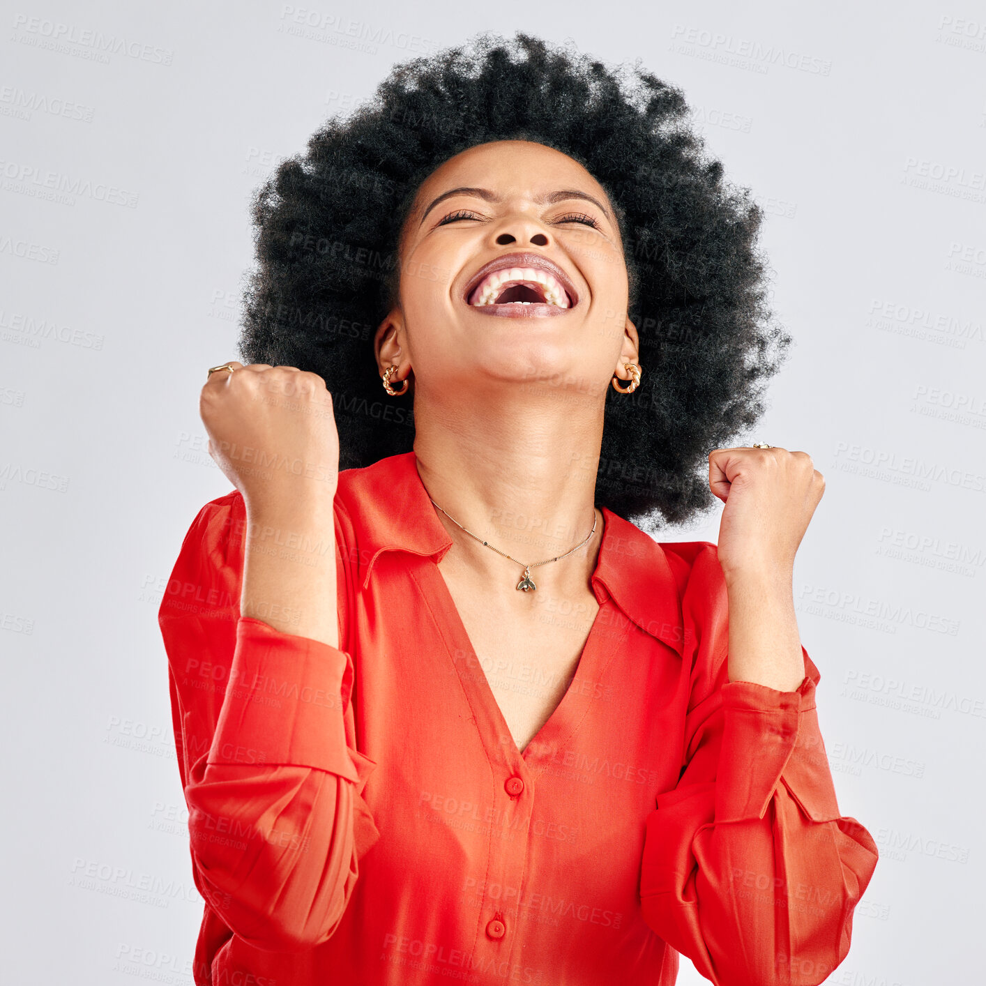 Buy stock photo Happy black woman, winner and fist in studio for celebration, achievement and success on white background. Face of excited model celebrate winning prize, deal and victory of lottery, bonus and reward