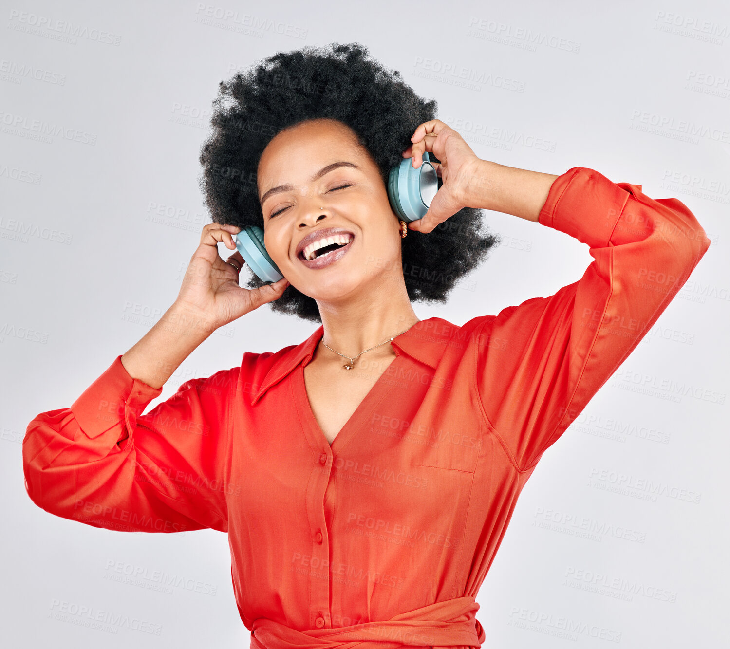 Buy stock photo Black woman, headphones and happy music in studio for podcast subscription on white background. Face, freedom and female model smile while listening to audio, streaming sound or hearing song on radio