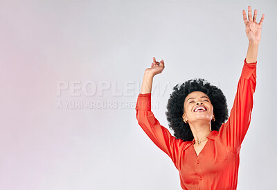 Buy stock photo Happy black woman, dance and success in studio for freedom, celebrate party and winning bonus lottery with mockup space. Excited female model, celebration and dancing with energy on white background