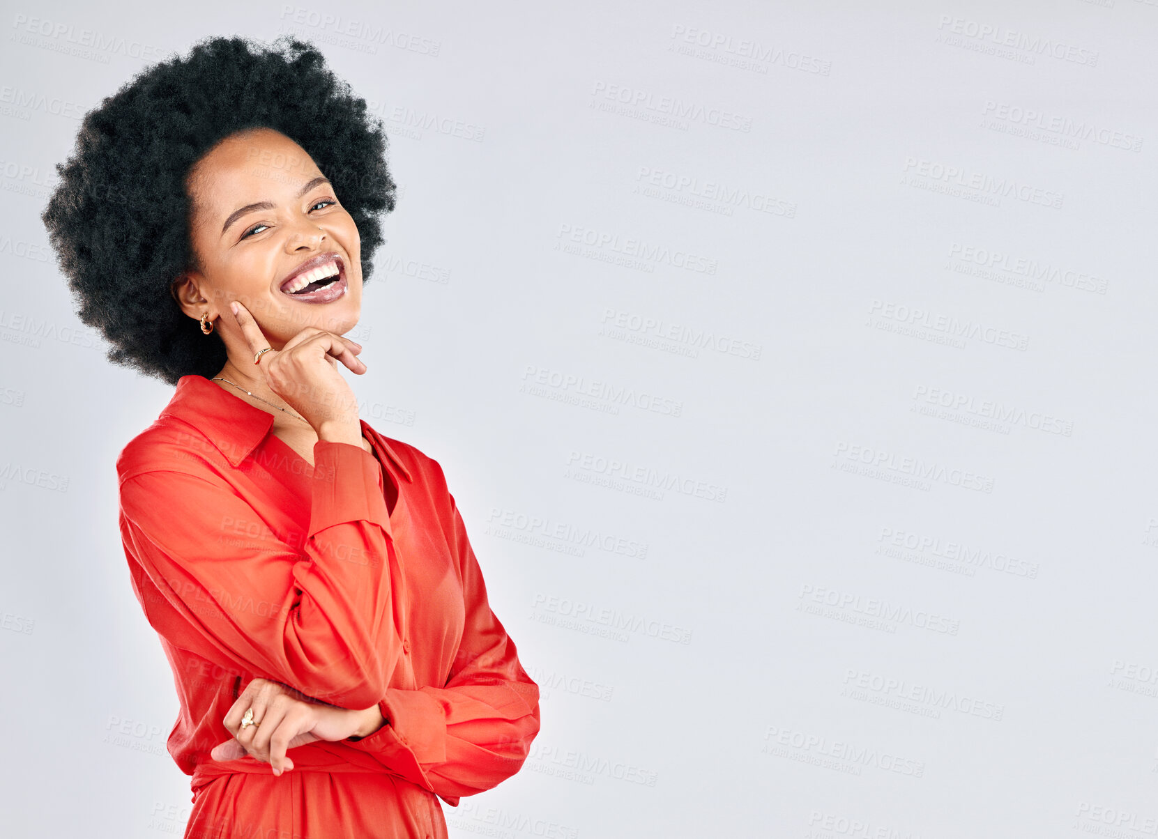 Buy stock photo Happy, mockup and portrait of black woman on a studio background with arms crossed or pride. Smile, expert and African employee or corporate worker isolated on a backdrop with space for advertising