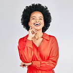 Happy, smile and portrait of businesswoman in studio with success, confidence and leadership. Happiness, excited and young African female creative designer with positive mindset by gray background.