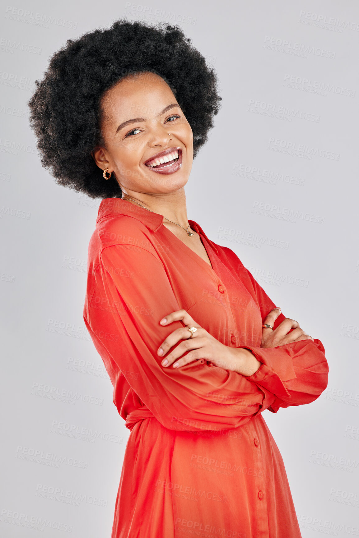 Buy stock photo Portrait, smile and black woman with arms crossed, business and fashion designer against a white studio background. Female person, entrepreneur or model with leadership skills, career or professional