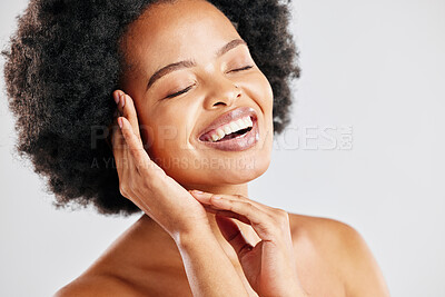 Buy stock photo Beauty, skin care and a happy black woman with dermatology, cosmetics or natural makeup. Face of African female model in studio for facial glow, self love and soft touch on a white background