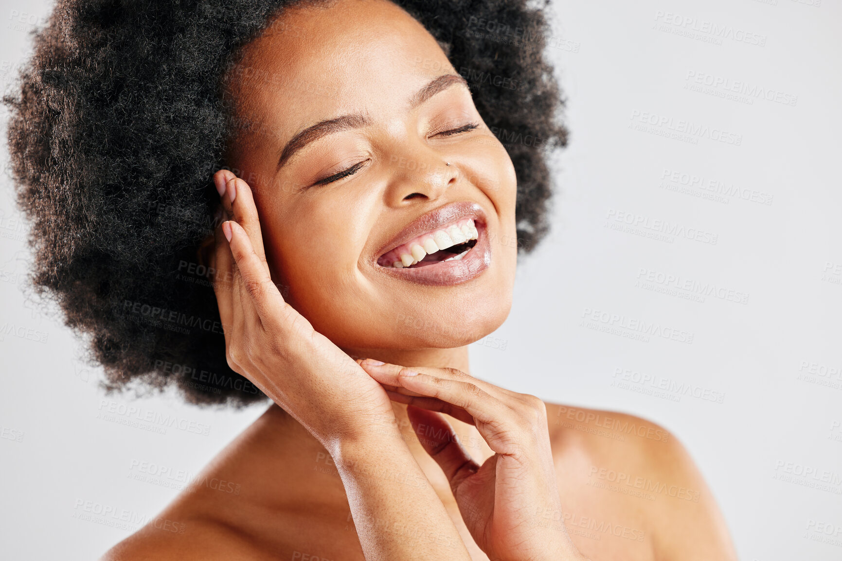 Buy stock photo Beauty, skin care and a happy black woman with dermatology, cosmetics or natural makeup. Face of African female model in studio for facial glow, self love and soft touch on a white background