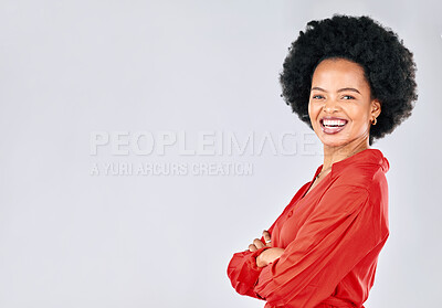 Buy stock photo Portrait, fashion and mockup with an afro black woman in studio on a white background for trendy style. Space, confident and red clothes with a happy young female model posing in a clothing outfit