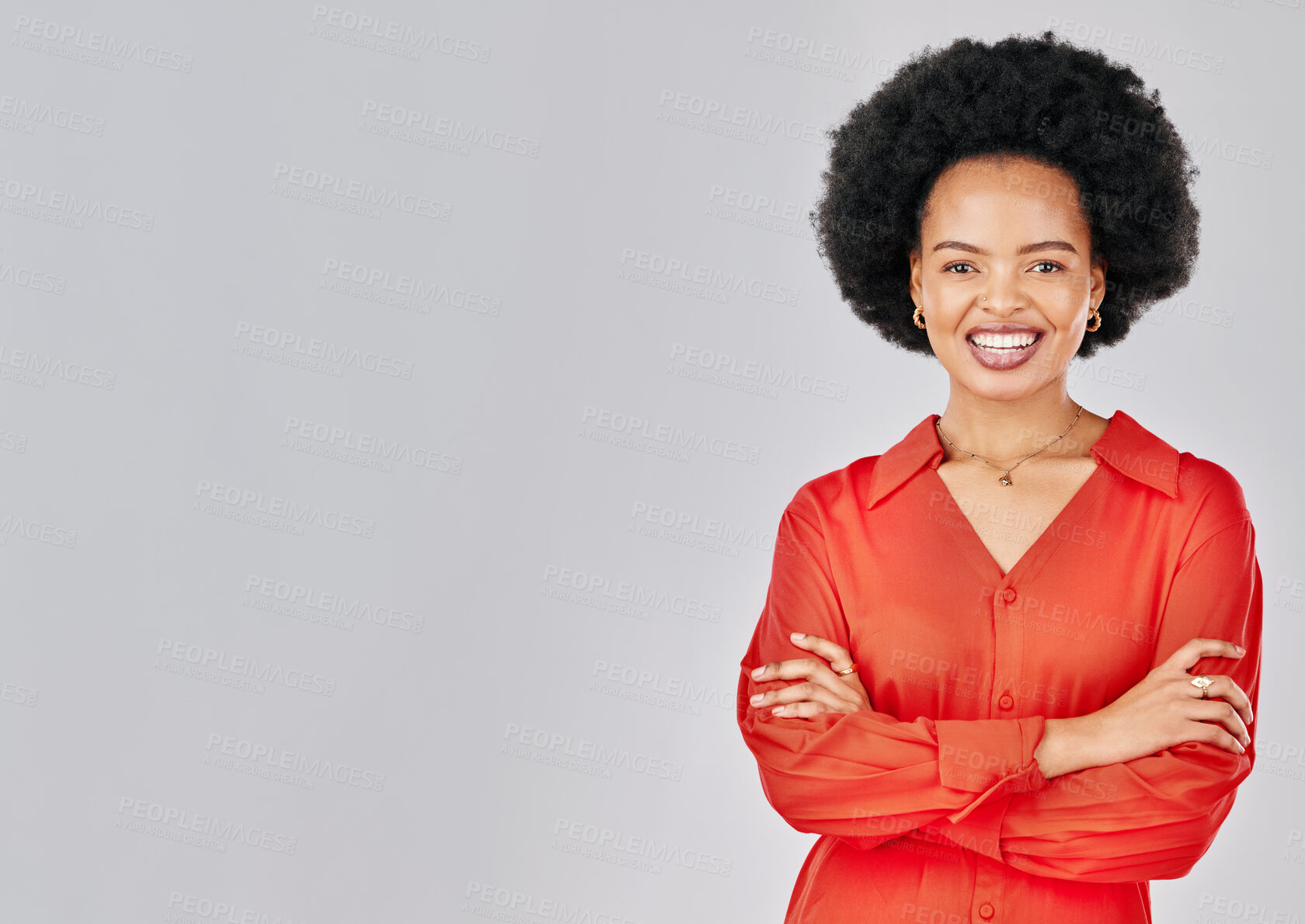 Buy stock photo Portrait, mockup and black woman with arms crossed, business and entrepreneur against a white studio background. Female person, fashion designer or happy model with happiness, career and professional