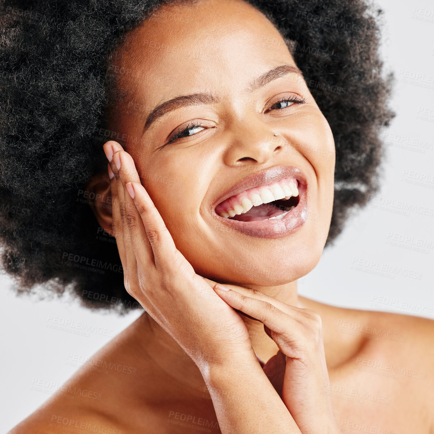 Buy stock photo Skin care, beauty and portrait of a black woman with dermatology, cosmetics or natural makeup. Closeup and face of a happy African female model in studio for facial glow, self love and soft touch