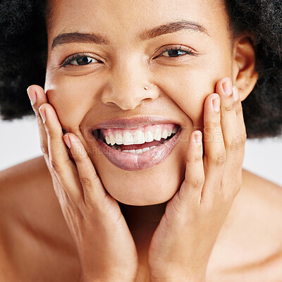 Buy stock photo Beauty, skin care and portrait of happy woman with dermatology, cosmetics or natural makeup. Closeup on face of African female model in studio for facial glow, self love and soft touch or teeth smile