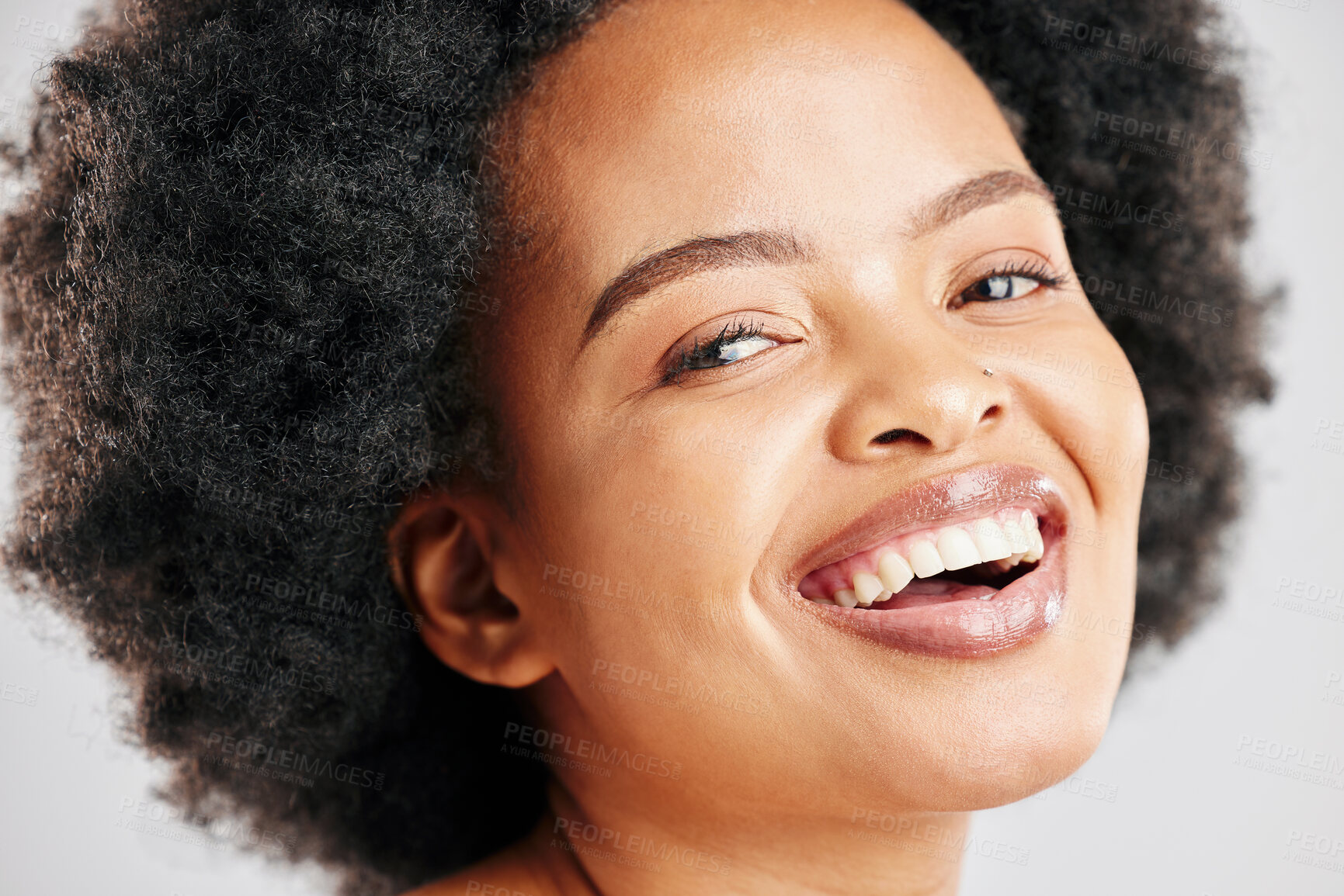 Buy stock photo Beauty, happy and portrait of a black woman with skin care, cosmetics or natural makeup. Closeup and face of an African female model in studio for facial glow, dermatology or afro hair and self love