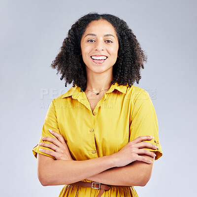 Buy stock photo Happy, arms crossed and portrait of business woman in studio for professional, creative and designer. Pride, startup and smile with employee on white background for career, entrepreneur and mockup