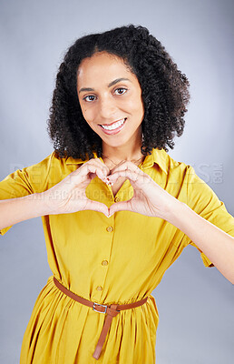 Buy stock photo Heart, sign and happy woman for fashion portrait with thank you, support and hands emoji on a white background. Face, trendy clothes and young african person or model with self care or love in studio