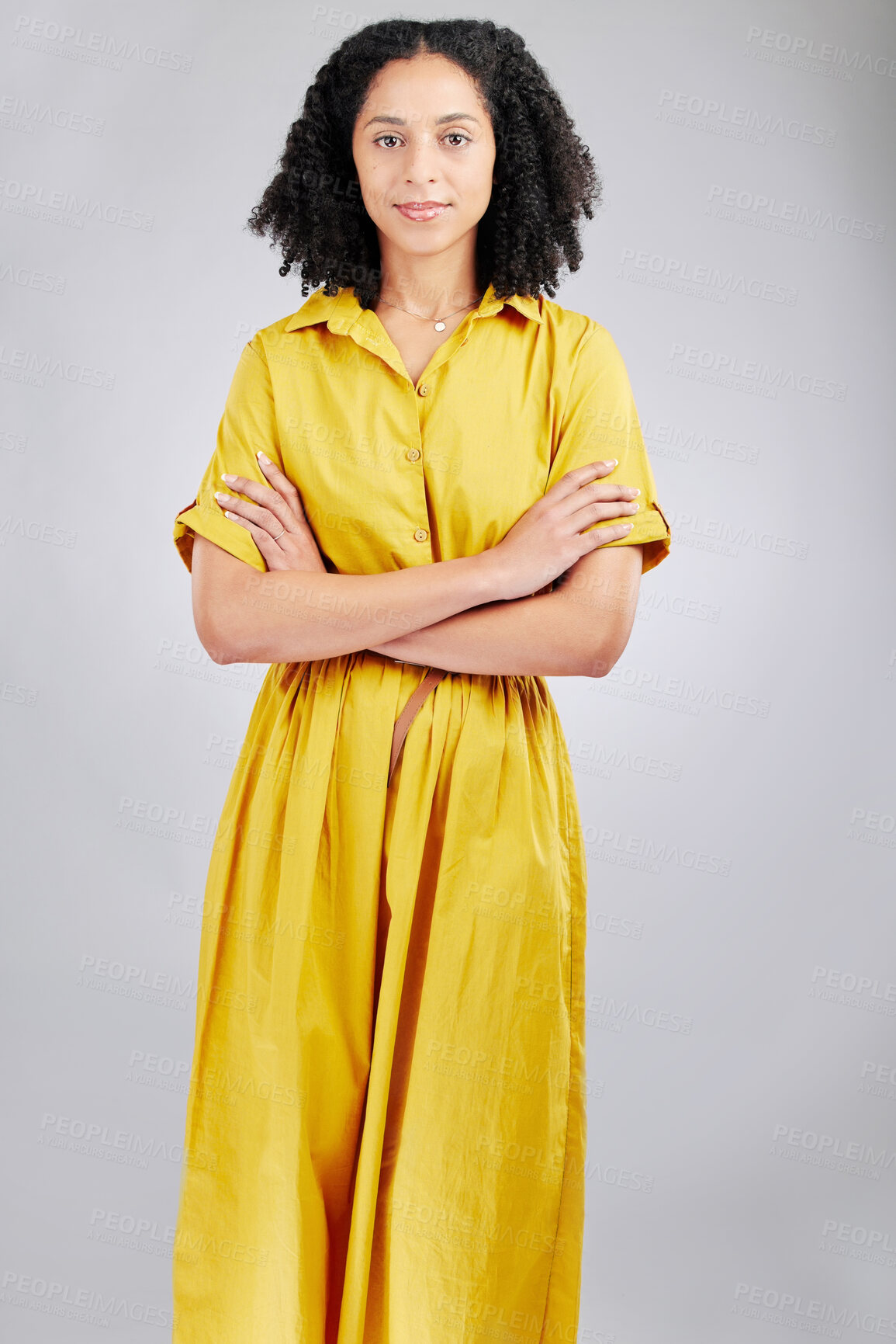 Buy stock photo Serious, arms cross and portrait of business woman in studio for professional, creative and design. Pride, startup and confidence with employee on white background for career, entrepreneur or mindset