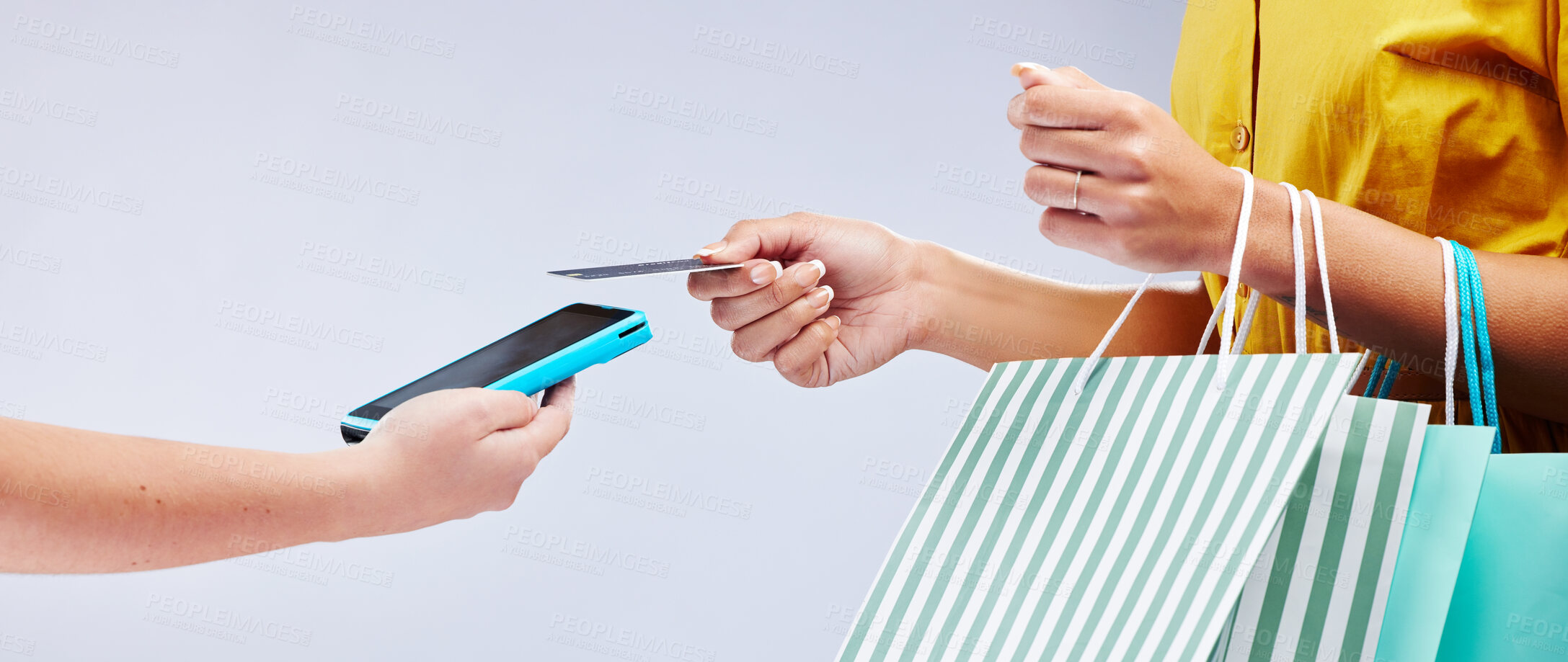 Buy stock photo Card machine, shopping and woman hands, POS online payment and digital service or fashion fintech in studio. Bag and credit of customer, cashier or people at point of sale on white background banner