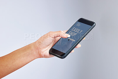 Buy stock photo Hand, phone screen and online shopping app in studio with search, scroll and click for choice by white background. Person, smartphone and website for e commerce, easy customer experience and sales