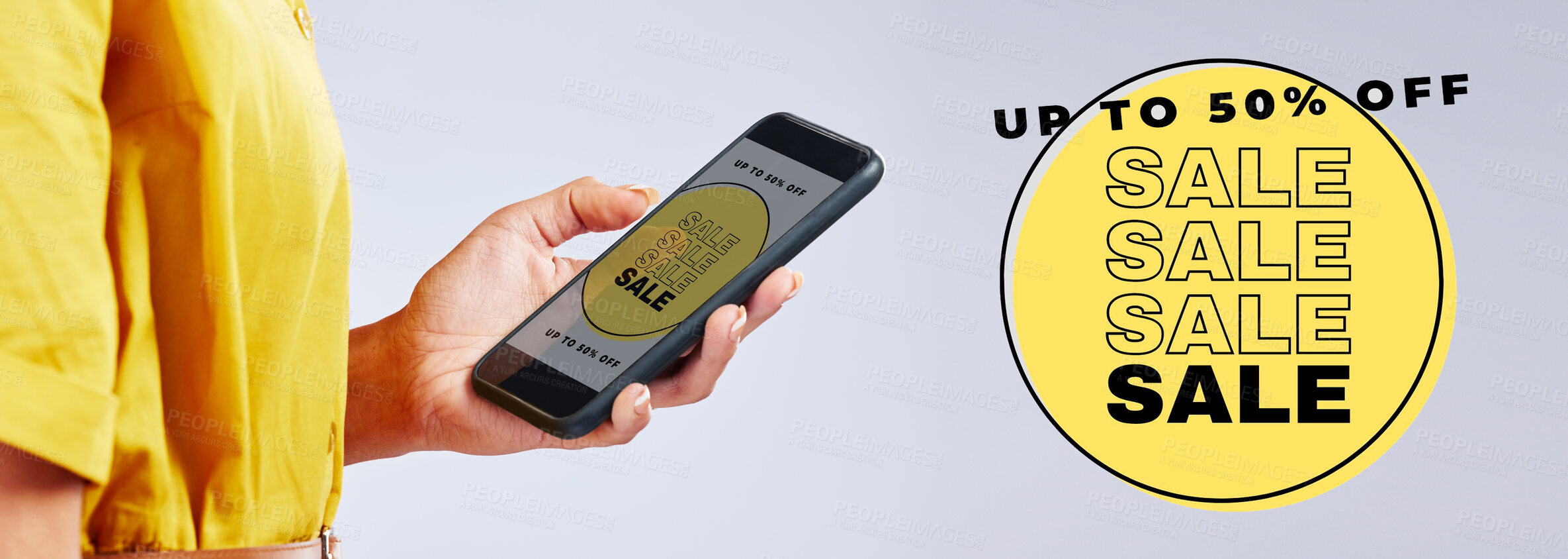Buy stock photo Hand, phone screen and online shopping sale in studio with search, scroll or website for choice by white background. Person, smartphone and e commerce app for digital customer experience for discount