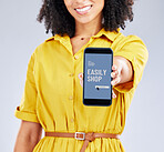 Hands, phone screen and woman with app for online shopping, sales and isolated in studio on a white background. Smartphone, advertising and person with promotion for ecommerce, fintech or retail deal