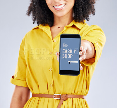 Buy stock photo Hands, phone screen and woman with app for online shopping, sales and isolated in studio on a white background. Smartphone, advertising and person with promotion for ecommerce, fintech or retail deal