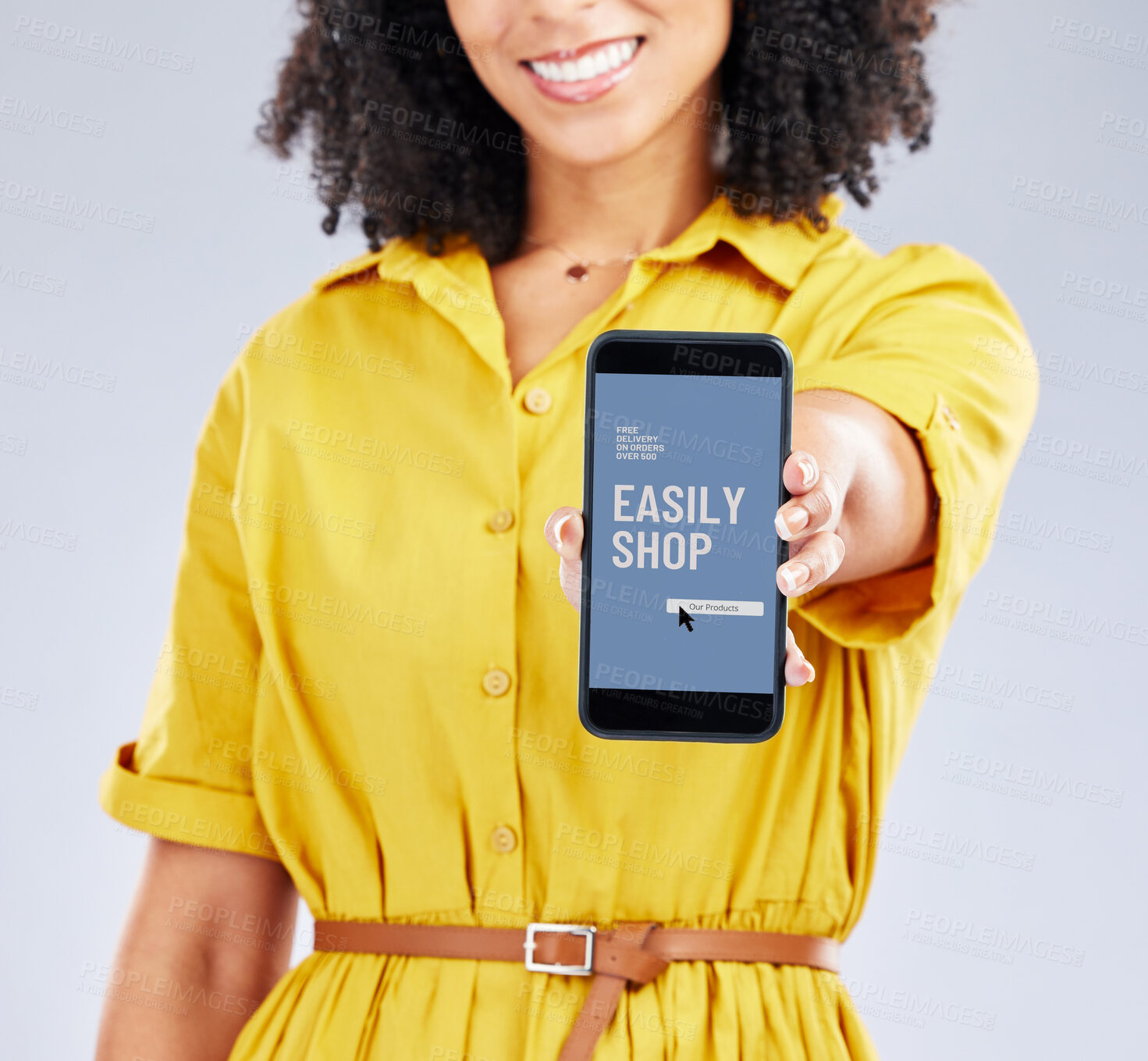 Buy stock photo Hands, phone screen and woman with app for online shopping, sales and isolated in studio on a white background. Smartphone, advertising and person with promotion for ecommerce, fintech or retail deal