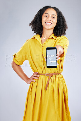 Buy stock photo Portrait, phone screen and woman with app for online shopping, sales and isolated in studio on a white background. Smartphone, advertising or person with promotion for ecommerce, deal offer and smile