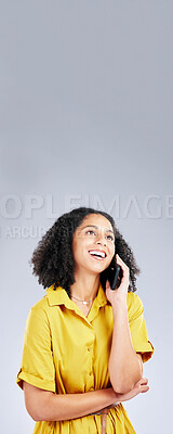 Buy stock photo Happy woman, phone call and thinking on mockup space for communication against a white studio background. Female person smile in wonder for talking, conversation or discussion on mobile smartphone