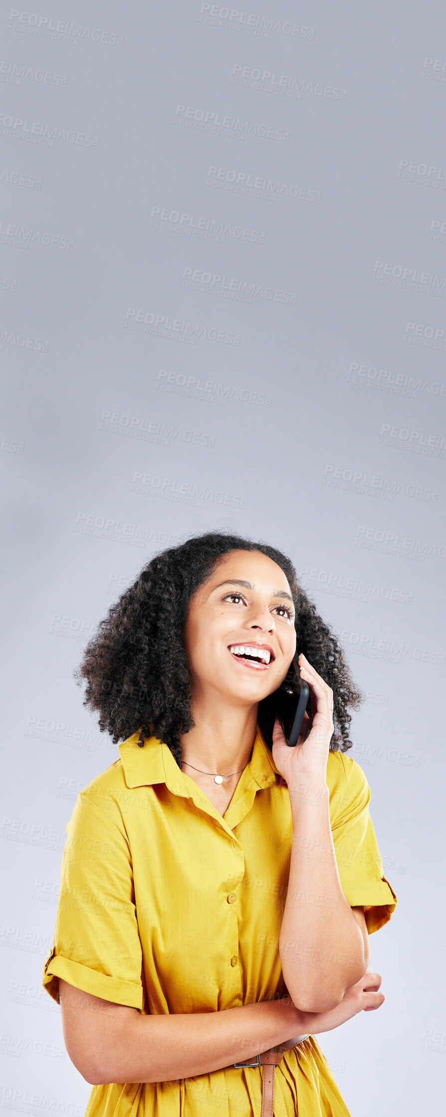 Buy stock photo Happy woman, phone call and thinking on mockup space for communication against a white studio background. Female person smile in wonder for talking, conversation or discussion on mobile smartphone