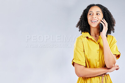 Buy stock photo Woman ideas, phone call and thinking of communication, happy decision and advice on white background or mockup. Information, job inspiration or opportunity of young african person on mobile in studio