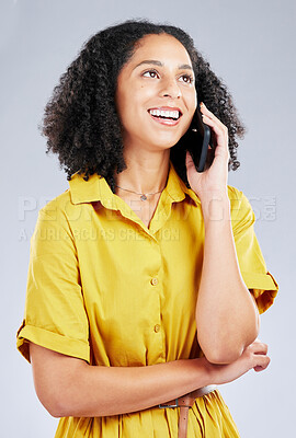 Buy stock photo Woman thinking, phone call and ideas for communication student decision and happy advice on white background. Information, college feedback and opportunity of young african person on mobile in studio