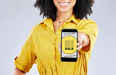 Buy stock photo Hands, phone screen and woman with discount for sales, online shopping and isolated in studio on a white background. Smartphone, app and person with promotion for ecommerce, fintech and internet deal