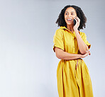 Happy woman, phone call and thinking of business communication, decision and creative advice on studio mockup. Ideas, information space and african person with mobile opportunity on white background