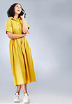 Woman thinking, phone call and happy communication with fashion decision and funny advice on studio mockup. clothes ideas, information space and young african person on mobile and on white background