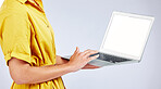 Woman hands, laptop screen and presentation mockup, e commerce advertising and fashion or creative website in studio. Person typing on computer with space or search information on a white background