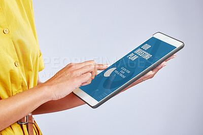 Buy stock photo Hands, digital tablet and closeup of a woman in studio reading an ebook on the internet or website. Screen, research and female person scrolling on an online blog with technology by a gray background