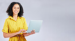 Happy, mockup and portrait of a woman with a laptop for communication, email or internet. Smile, corporate and a girl or employee typing on a computer with space isolated on a studio background