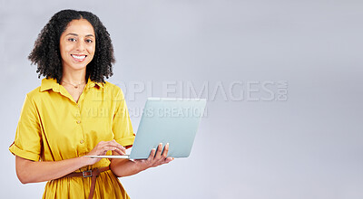 Buy stock photo Happy, mockup and portrait of a woman with a laptop for communication, email or internet. Smile, corporate and a girl or employee typing on a computer with space isolated on a studio background