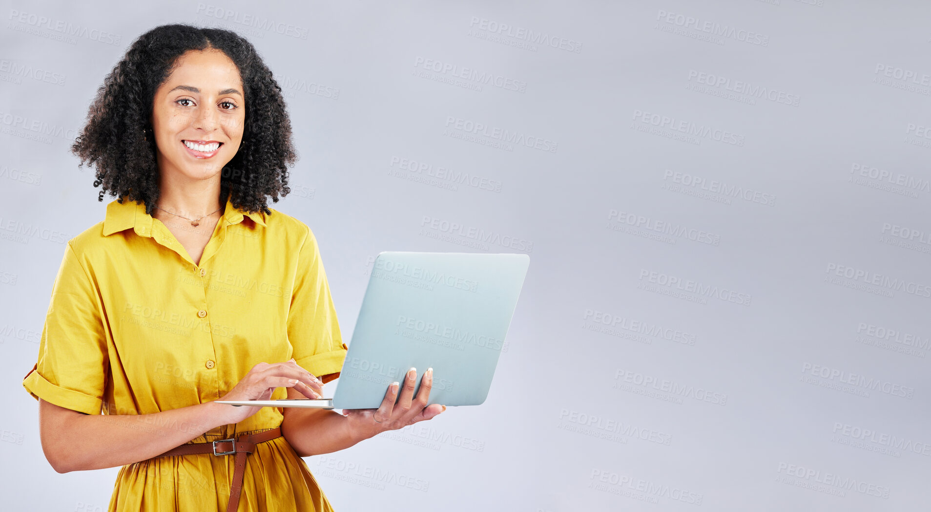 Buy stock photo Happy, mockup and portrait of a woman with a laptop for communication, email or internet. Smile, corporate and a girl or employee typing on a computer with space isolated on a studio background