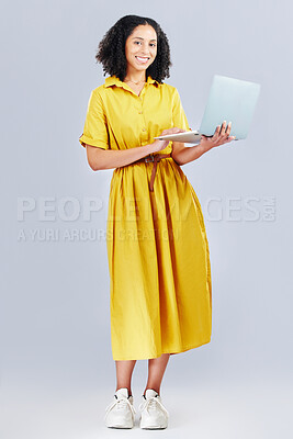 Buy stock photo Happy, blog and portrait of a woman with a laptop for communication, email or internet. Smile, technology and a girl or employee typing on a computer online for work isolated on a studio background