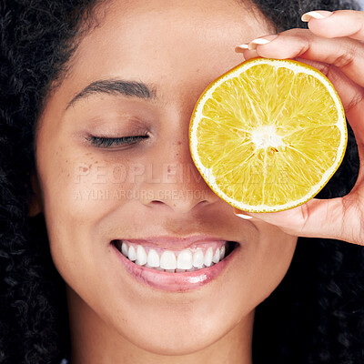 Buy stock photo Wellness, face and woman with skincare for lemon eye with nutrition for healthy glow. Closeup, girl and vitamin c or facial treatment with fruit for dermatology routine and organic food for diet.