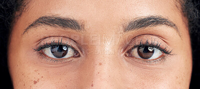 Eyes, vision and face closeup of woman for eyesight, optical care and eyelash extension with mascara. Eyebrows, eyecare and portrait of natural female person with cosmetics, microblading and beauty