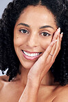 Beauty, skin and smile portrait of a woman with hands on face for dermatology, cosmetics and makeup. Closeup of a natural african female model in studio for facial self care, glow and soft touch