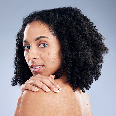 Buy stock photo Skin, beauty and a woman with hand on shoulder for dermatology, cosmetics and natural makeup. Portrait of African female model on a studio background for self care, glow and soft touch with manicure