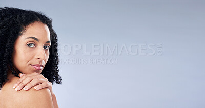 Buy stock photo Portrait, beauty and space with back of woman in studio on a gray background for clean skin care. Face, mockup banner and natural with a young female model advertising or marketing luxury wellness