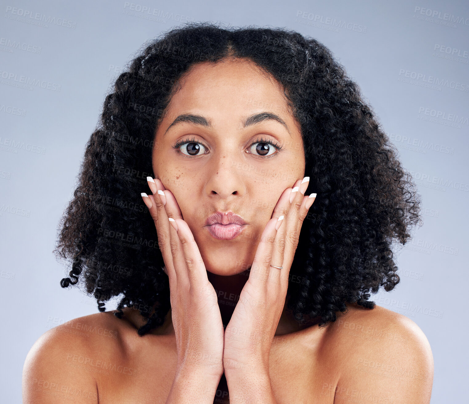 Buy stock photo Woman, skincare and touching face for beauty in studio isolated on a white background. Natural cosmetic, portrait and African model with spa facial treatment for aesthetic, wellness or dermatology