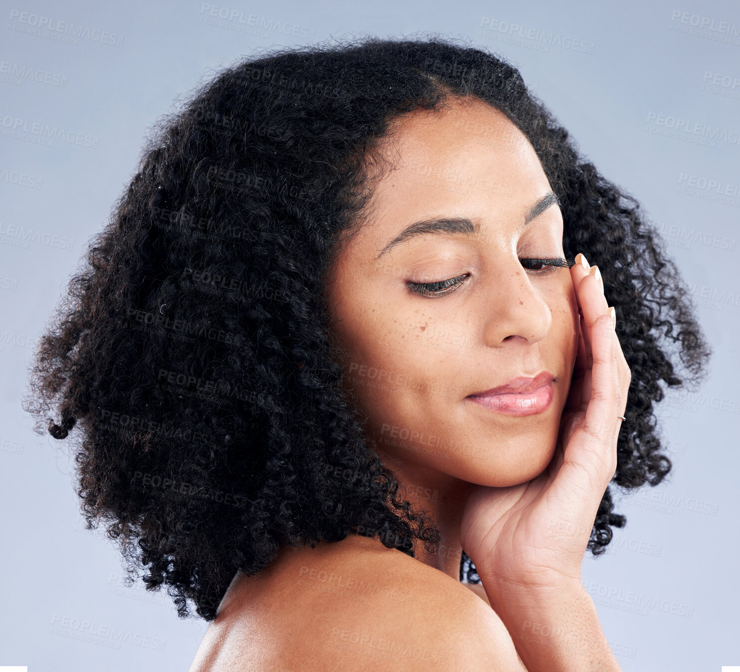 Buy stock photo Face, skincare touch and woman with beauty in studio isolated on a white background. Natural, cosmetic and African model with spa facial treatment for aesthetic, wellness or health for dermatology