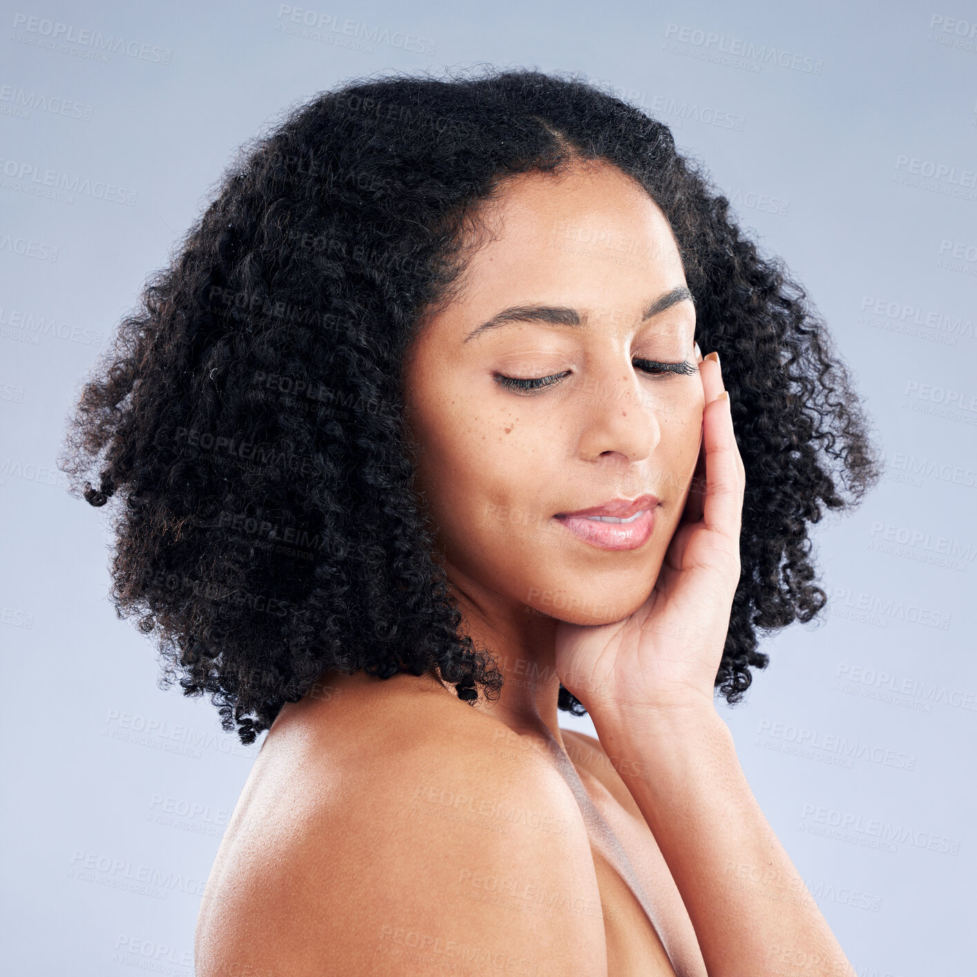 Buy stock photo Face, skincare and woman touching for beauty in studio isolated on a white background. Natural, cosmetic and African model with spa facial treatment for dermatology aesthetic, wellness or skin health