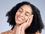 Face, skincare and woman sleeping in studio isolated on a white background. Natural beauty, cosmetics and happy African model smile with spa facial treatment for aesthetic, wellness and healthy skin.