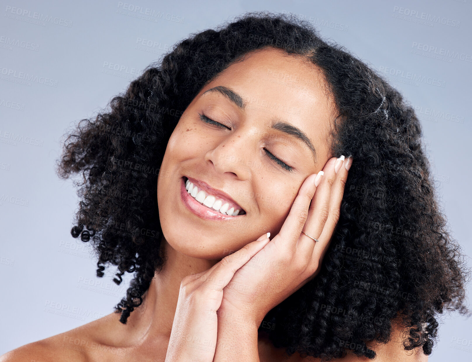 Buy stock photo Face, skincare and woman sleeping in studio isolated on a white background. Natural beauty, cosmetics and happy African model smile with spa facial treatment for aesthetic, wellness and healthy skin.